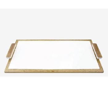 Mango wood & white platter 28x51cm - Plateau a anses bois